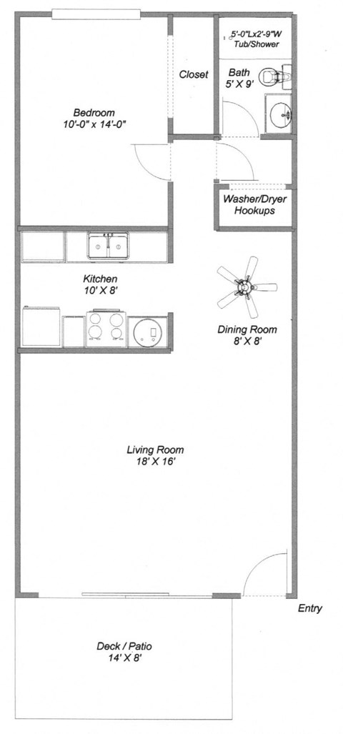 Floor plan for 1 bed, 1 bath, 747 sqft